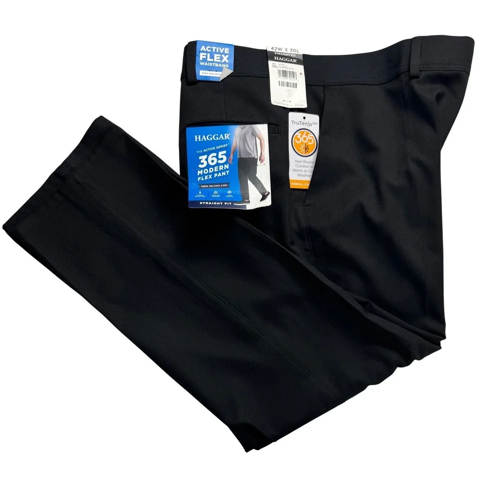 Haggar Mens 365 Modern Flex Pant Black Straight Fit 42W X 30L Gabardine